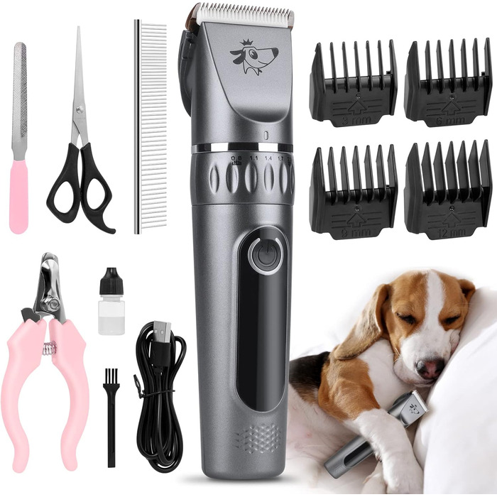 Безшумна машинка для стрижки собак і котів з 2 швидкостями, акумуляторна, бездротова, з 11 насадками (срібна)