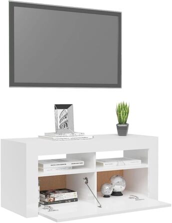 ТВ тумба vidaXL з LED підсвіткою, глянцева біла, 90x35x40 см, низька шафа для телевізора, медіатумба, HiFi меблі