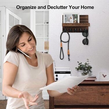 Key holder for wall, decorative key and mail holder with shelf has large key hooks for bags, coats – Paulownia wood key hanger with mounting material (24 cm W x 17 cm)