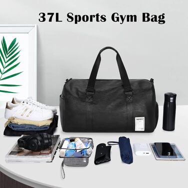 UBAYMAX Leather Sports Bag for Men, Travel Bag with Shoe Compartment and Wet Compartment, 37L Weekender Bag Carry-on Bag Training Bag Fitness Bag, Gym Bag Black