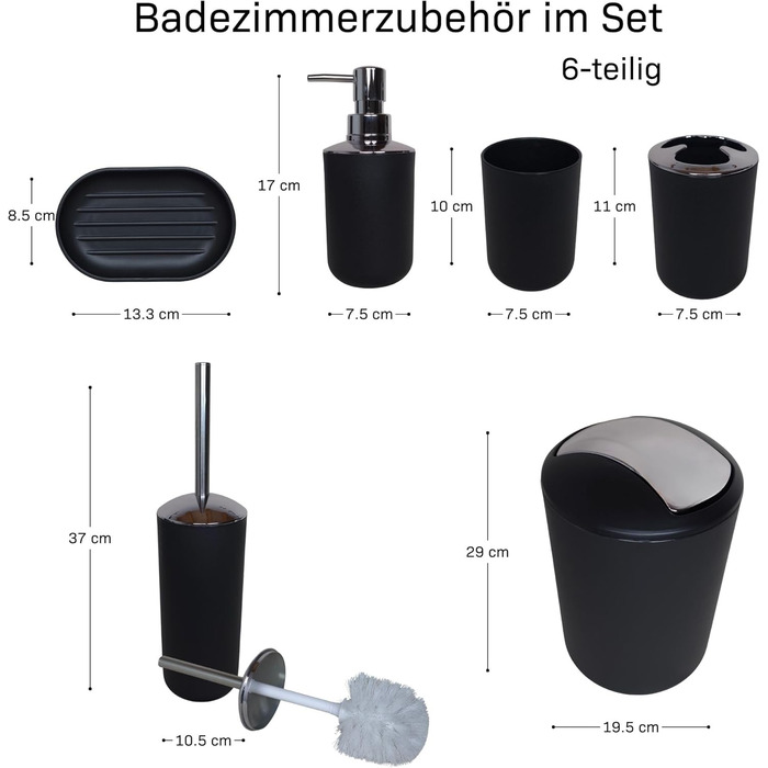 Набір для ванної кімнати 6 предметів, чорний: аксесуари для ванної, туалетний набір, кошик для сміття, стакан для зубних щіток, мильниця, дозатор для мила - пластик