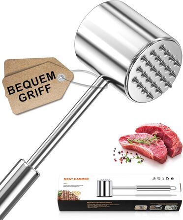 Кліпер для м'яса HOOMIL, двосторонній антипригарний, молоток для відбивання м'яса з неслизькою ручкою, для шніцелів та стейків, срібний (круглий, гладкий срібний)