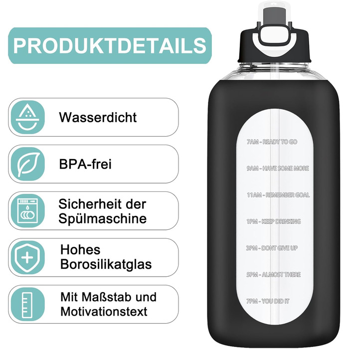 2 Liter Glass Drinking Bottle, 2l Glass Bottle, Glass Water Bottle with Straw, Bottle Brush, Black