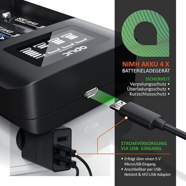 Зарядний пристрій для акумуляторів CSL - 4 слоти AA/AAA NiMH з LCD-дисплеєм, чорний