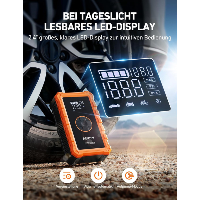 Powerbank AstroAI S8 Air з компресором 150PSI: 5-в-1 пристрій для підкачки шин, 6L бензин/3L дизель, повітряний насос, дисплей 2.4', 3 режими підсвічування