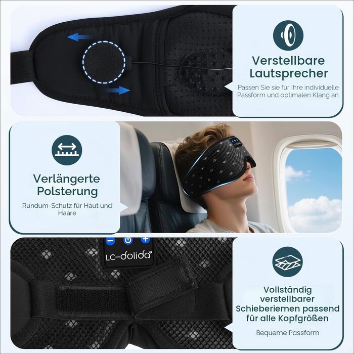 Маска для сну з навушниками Bluetooth 5.4 Dolida, 3D комфорт, чорна - для сну, подорожей, йоги, медитації