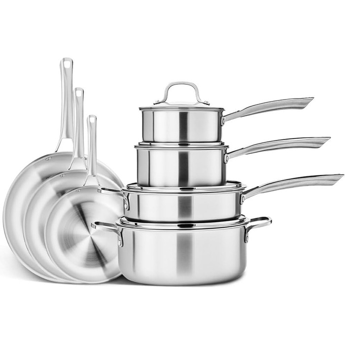 Набір каструль LeadZM з керамічним покриттям (22 шт.) для індукційних плит, сумісний з усіма плитами, без PFOA/PFOS (Бежевий) + Набір з 11 предметів з нержавіючої сталі (Сріблястий)