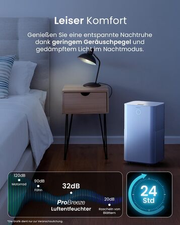 Pro Breeze OmniDry Dehumidifier 12L/24h Dehumidification Performance - Electric Dehumidifier, Humidity Sensor, Drain Hose, Digital Display, Sleep Mode, Timer - Against Humidity, Mold