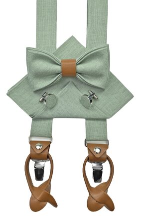 Набір чоловічих аксесуарів Leinen: краватка-метелик зі шкіри, підтяжки зі шкіри, нагрудна хустка, запонки - світло-зелений