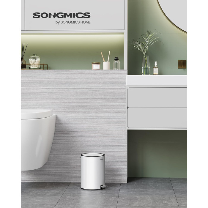 Смітник для ванної кімнати SONGMICS PARRI 3 л, сталевий з м'яким закриттям (Soft-close) та виймаю одним внутрішнім відром, білий LTB11WT