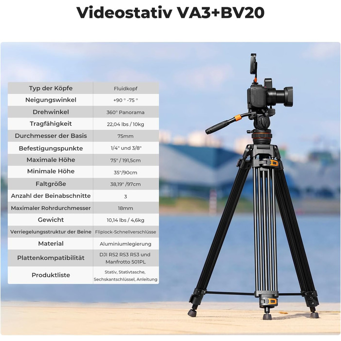 Штатив для камери K&F CONCEPT VA3+BV20: відео штатив з поворотним кріпленням, 184 см, для DSLR, відеокамер