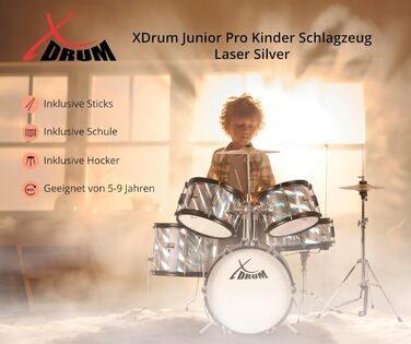 XDrum Junior Pro Kinder барабанний комплект Red - для дітей 5-9 років - з аксесуарами та навчальним посібником (Laser Silver, Single)