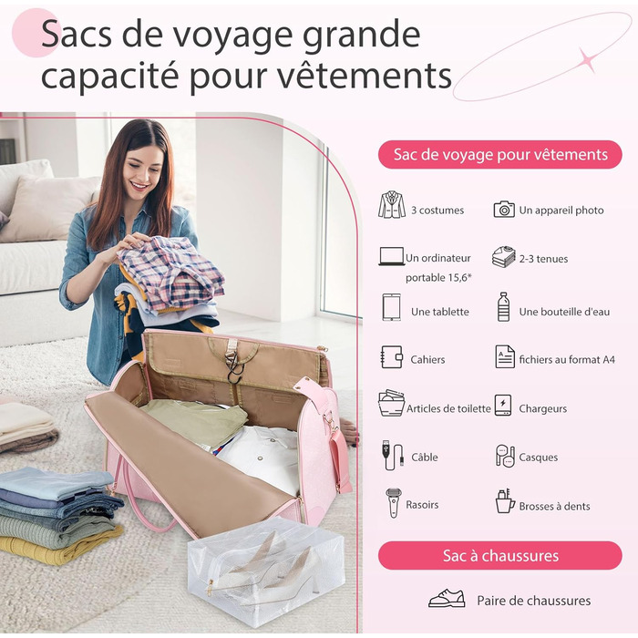 Сумка-трансформер для подорожей 50 л, 2-в-1 з водонепроникним відділенням для взуття та системою проти зминання – для жінок та чоловіків, ідеальна для ділових поїздок та відпочинку (Рожева)