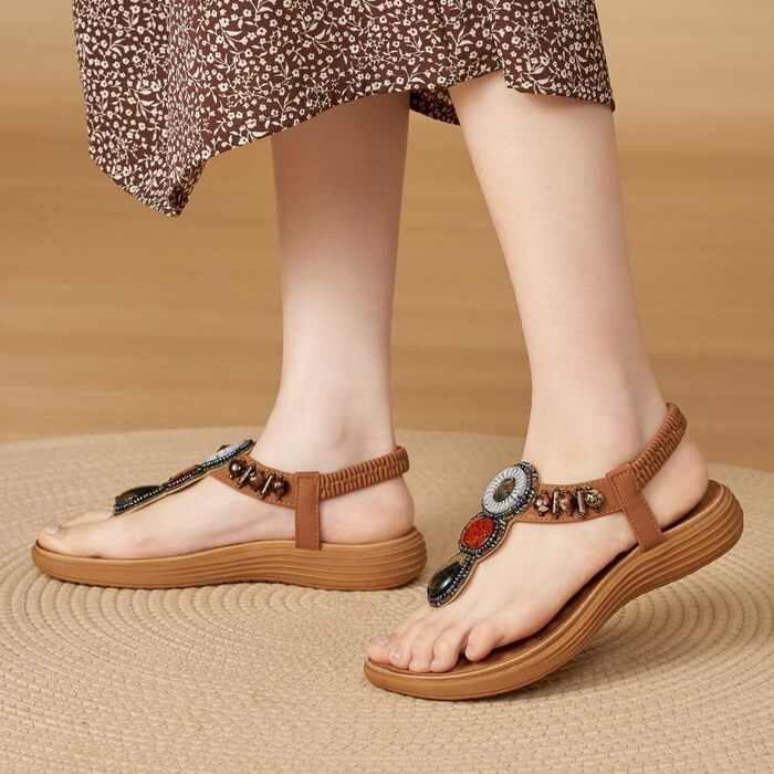 Босоніжки жіночі літні на кліпсі, пляжні сандалі бохо з діамантами, з ремінцем на щиколотку, стрази, низький каблук, коричневі (38 EU)