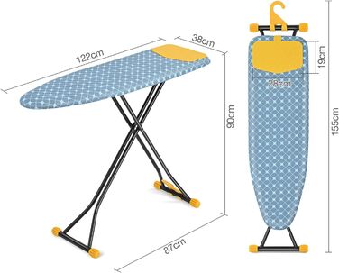 KINGRACK Прасувальна дошка з інтегрованою підкладкою з силікону, компактна та економна, з надзвичайно товстою поверхнею, 7 рівнів регулювання висоти, для підвішування на стіну та у шафу – 38x121 см, жовта
