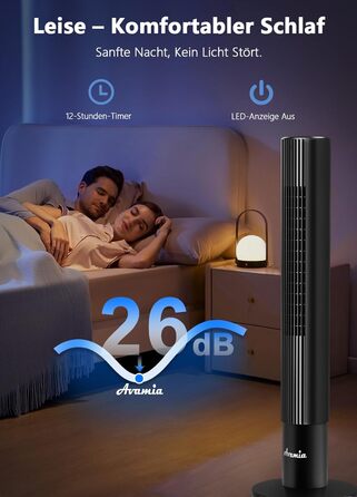 Безлопатевий вентилятор вежа Leiser 110 см, 26 дБ, 3 швидкості, LED-дисплей, таймер 12 год для спальні, вітальні, офісу