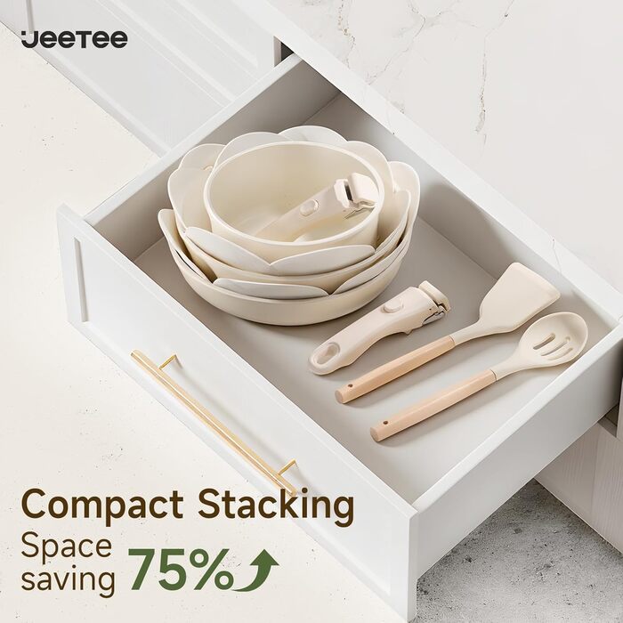 Набір посуду JEETEE 20 предметів з антипригарним покриттям та знімними ручками, для індукційних плит, штабельований, для дому та кемпінгу, жароміцний