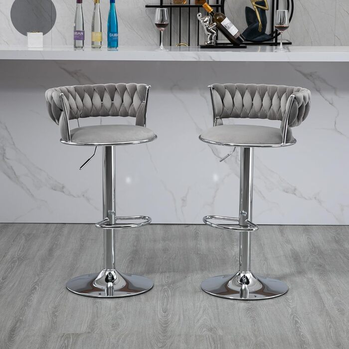 Adjustable Velvet Bar Stools 2-Pack with Backrest & Armrests - Ergonomic Swivel Bar Stools with Handwoven Velvet & Gold Legs for Kitchen Island, Bar, Restaurant - Includes Footrest (Silver, Grey)