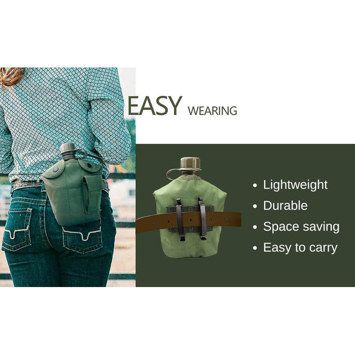 Military Mess Kit, Aluminum Cup Set with Lid and Folding Stainless Steel Spoon/Fork for Hiking Camping, 1 Quart Green