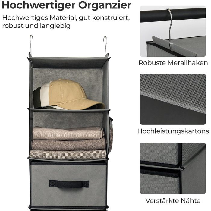 Органайзер для шафи GRANNY SAYS, підвісний, з шухлядами, 1 шт. - підвісне зберігання, полиця для шафи, тканинний органайзер для спальні (сірий, роздільник)