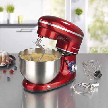 Gourmetmaxx Kitchen Machine with Kneading and Whisking Function | Powerful kitchen machine with a large 5-liter stainless steel bowl and direct drive | Includes whisk attachment, dough hook & beaters [1,500 watts] Metallic Red