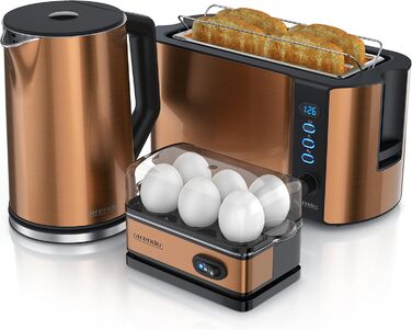 Набір Arendo: чайник, тостер та яйцеварка, нержавіюча сталь, сірий, 1,5л, 40-100°C, 4 тости, LED-дисплей, 6 рівнів підсмажування, для 1-6 яєць