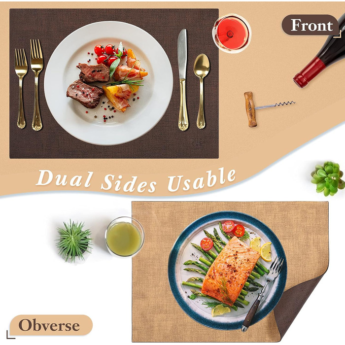 SUEH DESIGN Leather Placemats - Set of 6 Placemats, Washable, Leather-Look, Heat-Resistant PU Faux Leather Placemats for Home Kitchen Dining Table, 43cm x 31cm