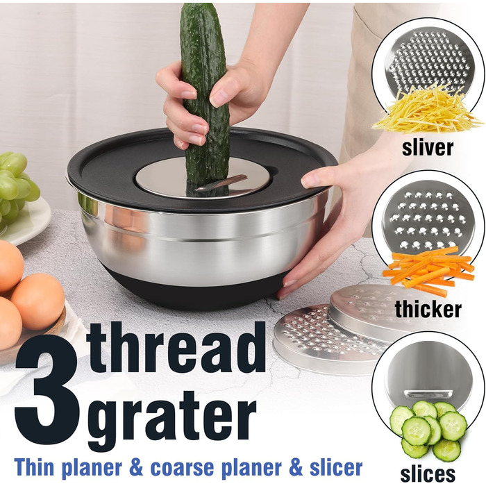 BEWOS 7-Piece Mixing Bowls with Lid, Stainless Steel Mixing Bowls with Grater, Nesting Design & Non-Slip Bottom Mixing Bowl, Sizes 4.5, 4, 3.5, 2.1, 1.5, 1.1, 0.7 Qt for Mixing & Serving