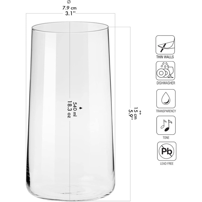 Krosno Water Glasses Highball Glasses Drinking Glasses | Set of 12 | 540 ML | Avant-Garde Collection | Perfect for home, restaurants, and parties | Dishwasher safe