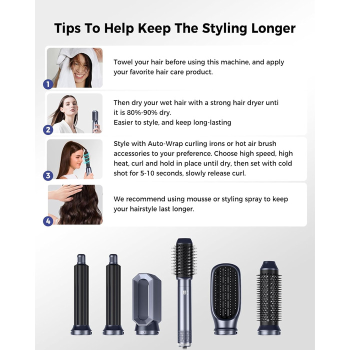 OKWRAP Haarstyler 5-в-1: Airbrush, фен, локони, випрямляч. Набір для волосся з LCD-дисплеєм (блакитний)