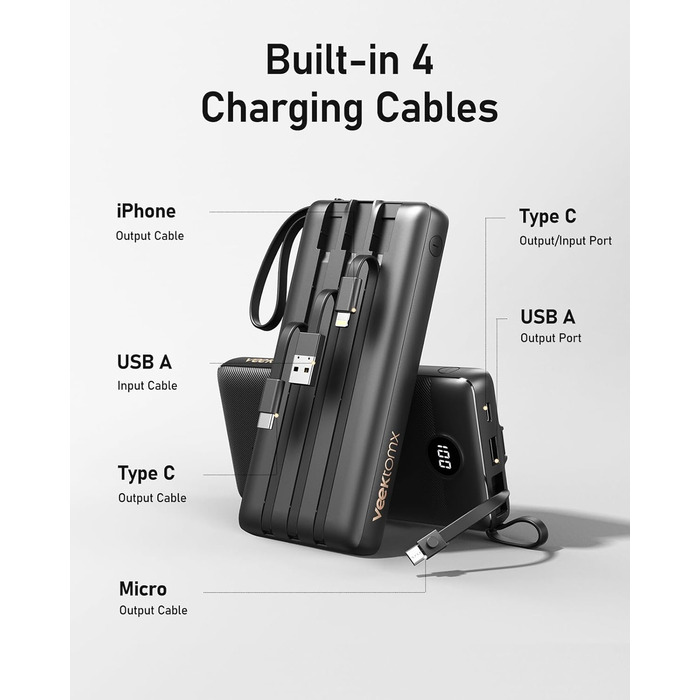 Power Bank 10000mAh з LED дисплеєм та інтегрованими кабелями. Сумісний з iPhone, iPad, Samsung, Xiaomi, Google Pixel. Чорний