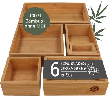 TAKE® 6-Piece Drawer Organizer Set made of 100% Natural Bamboo - Boxes in various sizes for Kitchen, Bathroom & Office, Vanity Organizer, Drawer Organizer