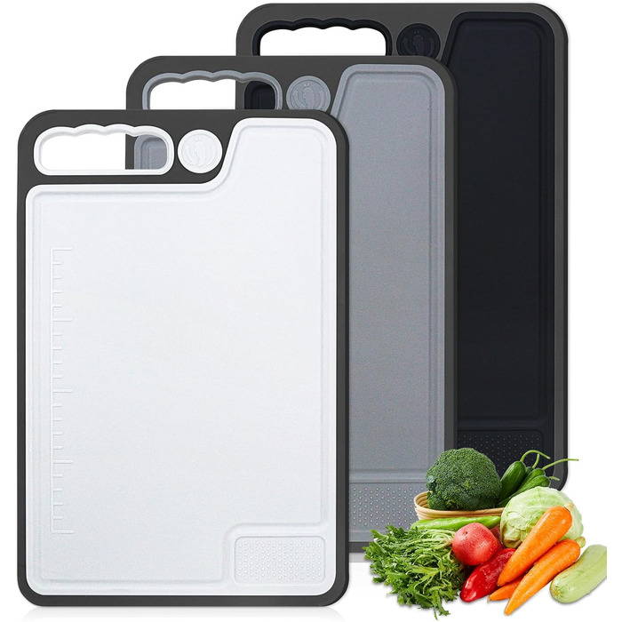 Набір з 3 дерев'яних обробних дощок для кухні, 35x23 см, антибактеріальні, BPA Free, з жолобками для соку та неслизькими ручками, чорний/сірий/білий