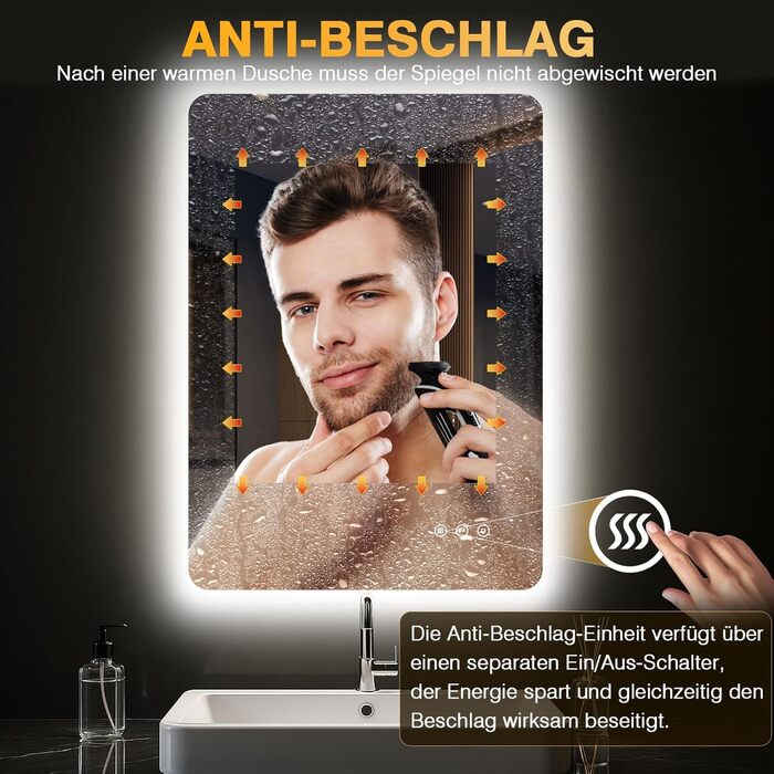 Дзеркало для ванної кімнати з підсвічуванням 50 x 70 см, LED дзеркало з протизапарюючим покриттям, 3 кольори світла, регулювання яскравості, прямокутна форма, сенсорне управління, функція пам'яті, горизонтальне/вертикальне кріплення, без рамки