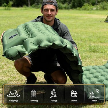 Каремат туристичний надувний Isomatte Camping 10 см з вбудованим насосом та подушкою, водонепроникний, антирозривний для кемпінгу, пляжу, подорожей, походу (Зелений)