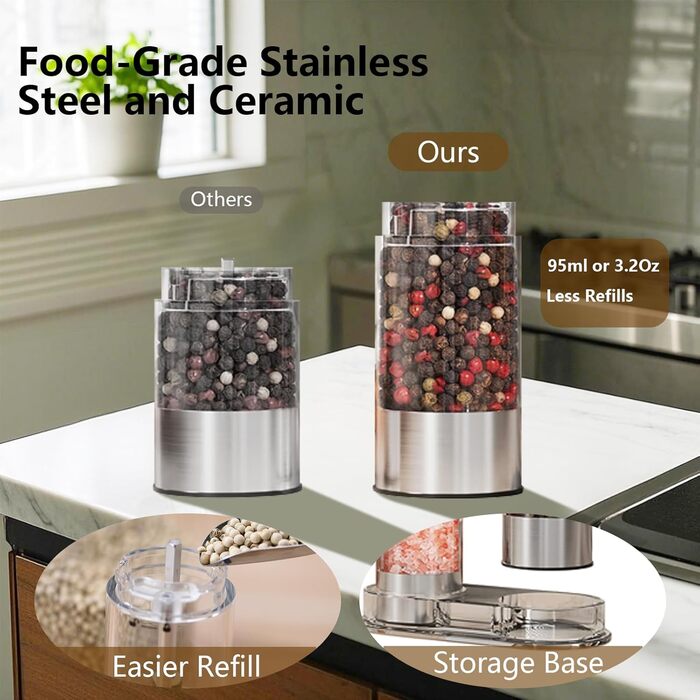 Rechargeable Electric Salt and Pepper Grinder Set with Base, Stainless Steel Spice Grinders with 95ml Transparent Container, White LED Light, and Adjustable Coarseness