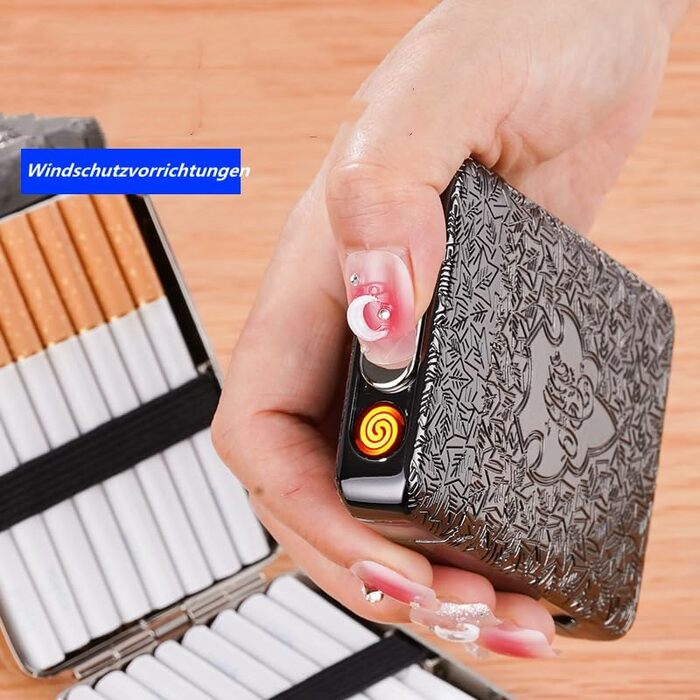 Cigarette case with lighter, cigarette box, electronic integrated flameless lighter, rechargeable, 16 pieces, 84mm King Size cigarettes, cigarette box, retro bronze