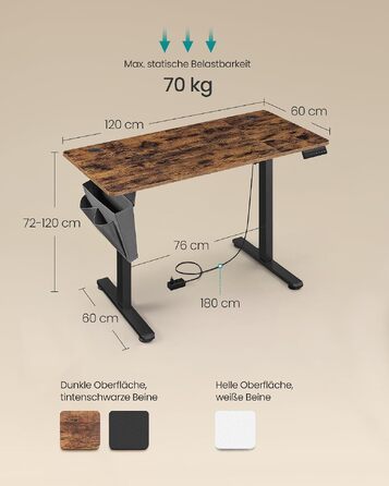 Регульований по висоті письмовий стіл SONGMICS, 120 x 60 см, колір: вінтажний коричневий