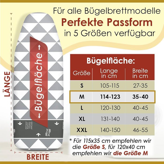 Покриття для прасувальної дошки arteneur® Made in Germany, 120x40 см, відбиває тепло, гумка, зона ковзання, OEKOTEX100, 4 розміри, для парогенератора та праски
