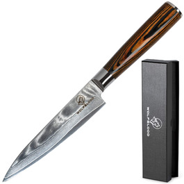Кухонний ніж Wolfblood Damastmesser (24 см) Дамаська сталь 67 шарів, твердість 62 HRC, дерев'яна ручка, подарункова коробка, захист леза. Сертифікований TÜV
