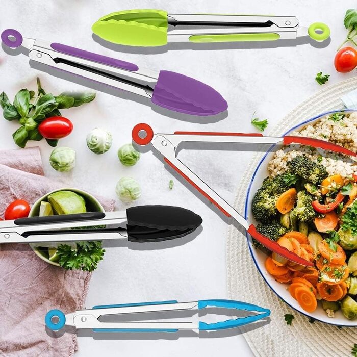 Lecoku Mini Kitchen Tongs Set of 5, small stainless steel tongs with silicone tips, 17.8 cm, serving tongs, cooking tongs for salad, roasting, and grilling
