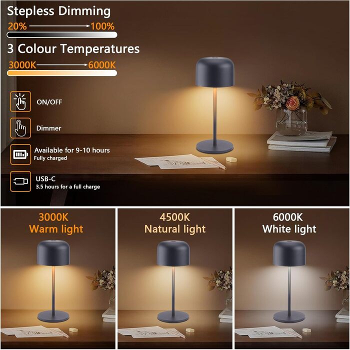 Акумуляторний LED настільний світильник Klighten з димером, чорний (2 шт.). Водонепроникний IP54, USB-C, 3 кольори світла (3000K-6000K), алюмінієвий, 21 см.