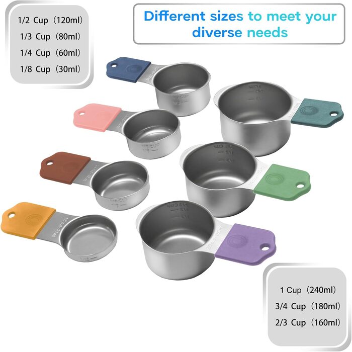 Magnetic Measuring Cup and Spoon Set, including 7 durable 304 stainless steel measuring cups and 8 magnetic measuring spoons with a leveler for cooking and baking (Color)