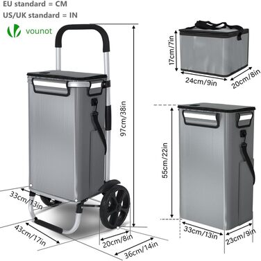 Складний алюмінієвий візок для покупок VOUNOT 50 л, водонепроникна сумка з термовідділенням, 2 великі колеса з захистом, для сходів, сірий