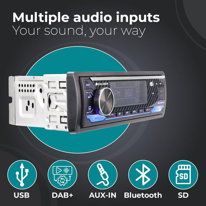 Автомагнітола Caliber 1DIN Bluetooth DAB+/FM, 4x100Вт, USB/MicroSD, 2.1A зарядка, AUX-in, hands-free, зовнішній мікрофон, RCA вихід, підсвічування, підтримка MP3/WMA/APE/FLAC/AAC