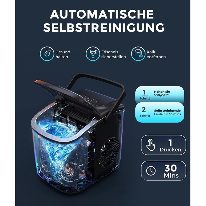 Машина для льоду Ecozy - компактна, самоочисна, 2 розміри кубиків, 9 кубиків за 6 хвилин, 12 кг/24 год, лопатка та кошик для кухні, офісу, бару, вечірки