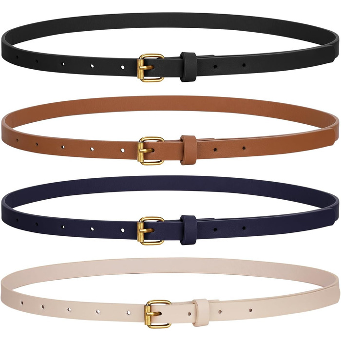 LEACOOLKEY: 4 жіночі шкіряні тонкі ремені. Тонкий пояс для суконь, джинсів, штанів. З золотою пряжкою. (100см, 110см). Кольори: чорний, коричневий, темно-синій, бежевий.