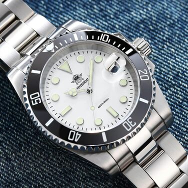 Чоловічий годинник ADDIESDIVE з кварцовим механізмом, аналоговий дисплей, водостійкий (20bar), сталевий браслет, великі світні стрілки (білий)