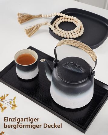 ZENS Design Japanese Teapot, 1000ml Gradient Embossed Japanese Teapot Ceramic with Built-in Strainer and Hemp Rope Handle for Loose Tea Steeper, Gift for Tea Lovers, Black & Bean Green (Black & White, 1000ml Teapot)