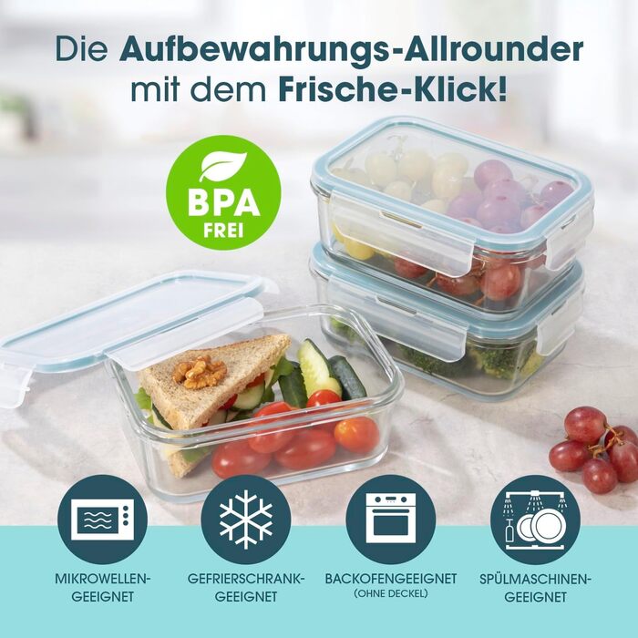 Gourmetmaxx Набір контейнерів для зберігання їжі Glas-Frischhaltedosen 6 шт. (0,725 л) сині - для Meal Prep, мікрохвильовки, морозильника